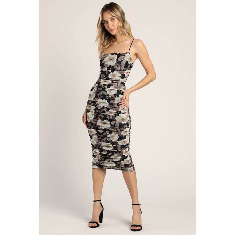 Lulus We Really Mesh Black Floral Print Sleeveless Ruched Midi Dress - Size M